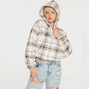 Aeropostale Plaid Fuzzy Sherpa Cinched Pullover Hoodie Large
